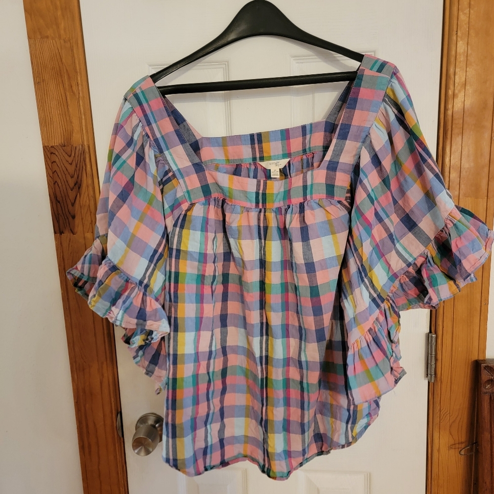 Time And Tru Pink Plaid Flutter Sleeve Cropped Square Neck Top Shirt Blouse 2xl